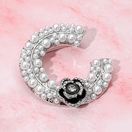 Floral Accent Pearl Embellished Letter C Pin Brooch