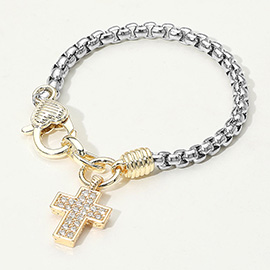 14K Gold Plated CZ Stone Paved Cross Charm Two Tone Bracelet