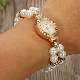 SECRET BOX_Stainless Steel Stone Paved Rim Oval Bezel Pearl Beaded Stretch Bracelet Watch