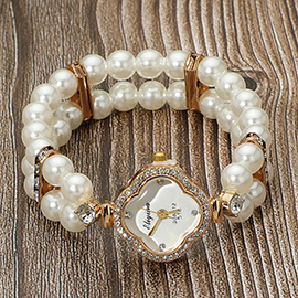 SECRET BOX_Stainless Steel Stone Paved Rim Quatrefoil Bezel Pearl Beaded Stretch Bracelet Watch