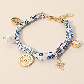 Pearl Starburst Stone Cluster Medallion Charm Station Fabric Bracelet