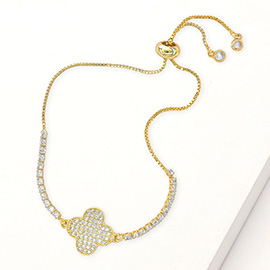CZ Stone Paved Quatrefoil Accent Pull Tie Adjustable Bracelet