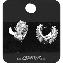 White Gold Dipped Round CZ Stone Around Mini Heart Huggie Hoop Earrings