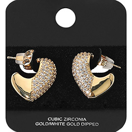 Gold Dipped Half CZ Stone Paved Heart Mini Hoop Earrings