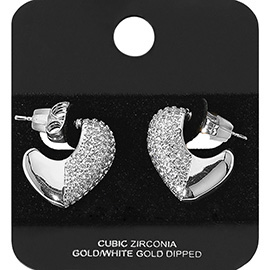 White Gold Dipped Half CZ Stone Paved Heart Mini Hoop Earrings