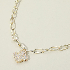 14K Gold Plated CZ Stone Paved Quatrefoil Pendant Paperclip Chain Necklace