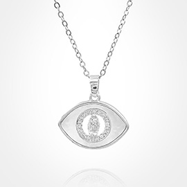 Stainless Steel Mother of Pearl CZ Stone Rim Virgin Mary Accent Evil Eye Pendant Necklace
