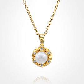 Stainless Steel CZ Stone Rim Pearl Pendant Necklace