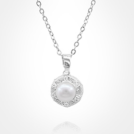 Stainless Steel CZ Stone Rim Pearl Pendant Necklace