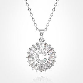 -C- Stainless Steel CZ Stone Embellished Round Initial Monogram Pendant Necklace