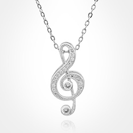 Stainless Steel CZ Stone Paved Treble Clef Pendant Necklace