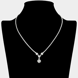 Square CZ Stone Pendant Drop Rhinestone Paved Necklace