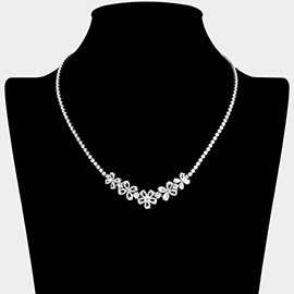 Floral CZ Stone Cluster Link Accent Rhinestone Paved Necklace