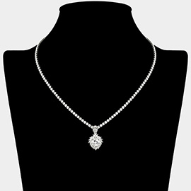 CZ Stone Heart Cluster Drop Pendant Accent Rhinestone Paved Necklace