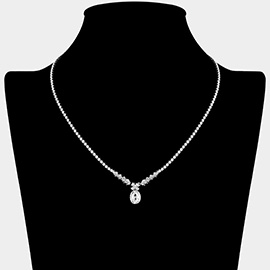 Floral Oval CZ Stone Cluster Pendant Accent Rhinestone Paved Necklace