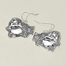 Antique Metal Rose Embossed Heart Dangle Earrings