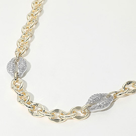 14K Gold Plated Two Tone CZ Stone Paved Link Accent Chunky Chain Necklace