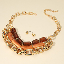 Bold Resin Wood Cylinder Beaded Chunky Chain Layered Statement Necklace