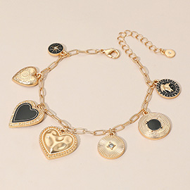 Enamel Heart Coin Medallion Charm Station Paperclip Chain Bracelet