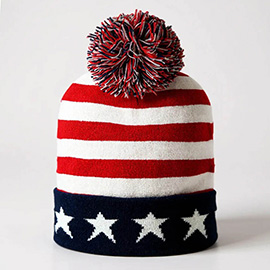 America USA Flag Pom Pom Winter Beanie Hat