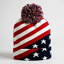 America USA Diagonal Flag Pom Pom Winter Beanie Hat