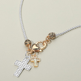 Stone Paved Mother of Pearl Cross Charm Pendant Necklace