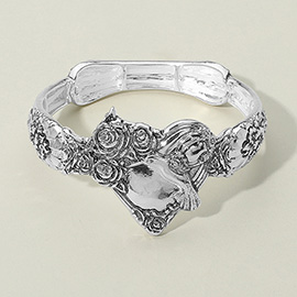 Antique Metal Rose Embossed Heart Stretch Bracelet