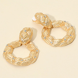Textured Metal Circle Dangle Clip On Earrings