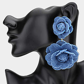 Oversized Double Denim Fabric Flower Drop Earrings