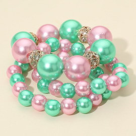 3PCS - Bold Pearl Rhinestone Ball Beaded Multi Layered Bracelets