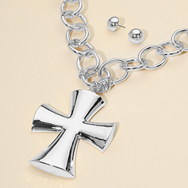 Chunky Matte Metal Cross Pendant Pointed Chain Necklace