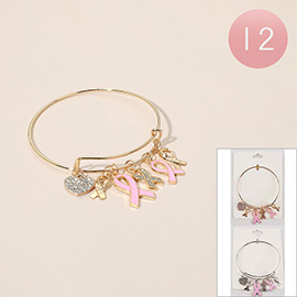 12PCS - Awareness Pink Ribbon Charm Heart Accents Bangle Bracelets
