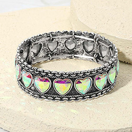 Antique Metal Boho Heart Stone Accent Stretch Bracelet