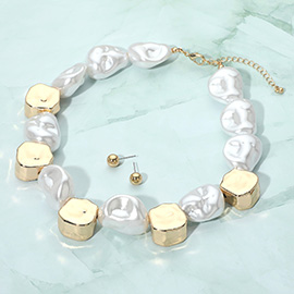 Chunky Pearl Metal Nugget Beaded Statement Necklace