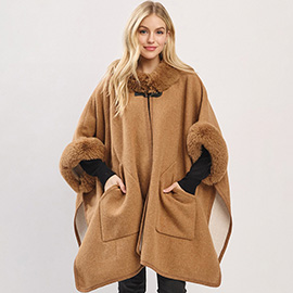 Faux Fur Trim Toggle Clasp Front Cape Wrap Poncho