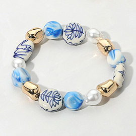 SECRET BOX_Brass Metal Ball Pearl Floral Printed Ceramic Beaded Stretch Bracelet
