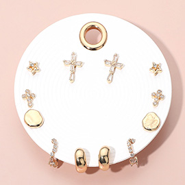 6Pairs - Elegant Cross Star Hoop Earring Set