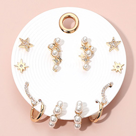 6Pairs - Elegant Pearl Star Hoop Earring Set