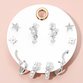 6Pairs - Elegant Pearl Star Hoop Earring Set