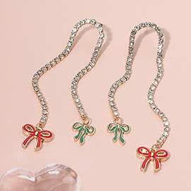 Sparkling Crystal Chain Enamel Bow Drop Earrings