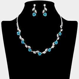 Colored Rose Rhinestone Paved Leaf Vine Necklace