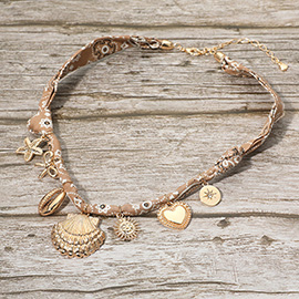 Boho Sea Shell Heart Sun Bow Starfish Charm Fabric Necklace