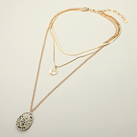 Stone Pendant Triple Layered Chain Necklace