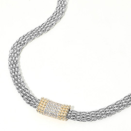 14K Gold Plated Two Tone CZ Stone Paved Rectangular Plate Accent Mesh Chain Necklace