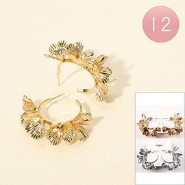 12Pairs - Textured Metal Floral Hoop Earrings