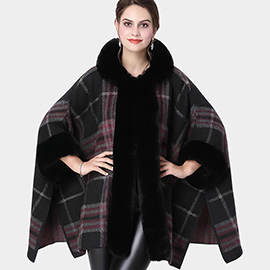 Faux Fur Trim Plaid Check Cape Coat Poncho