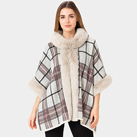 Faux Fur Trim Plaid Check Cape Coat Poncho