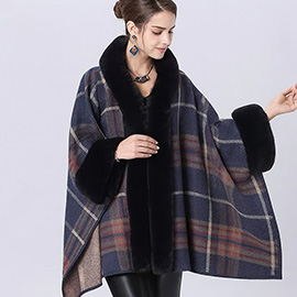 Faux Fur Trim Plaid Check Cape Coat Poncho