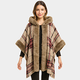 Faux Fur Trim Plaid Check Cape Coat Poncho