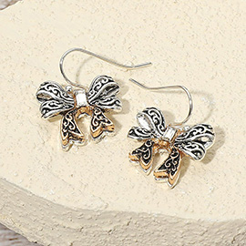 Stone Accent Vintage Metal Bow Dangle Earrings